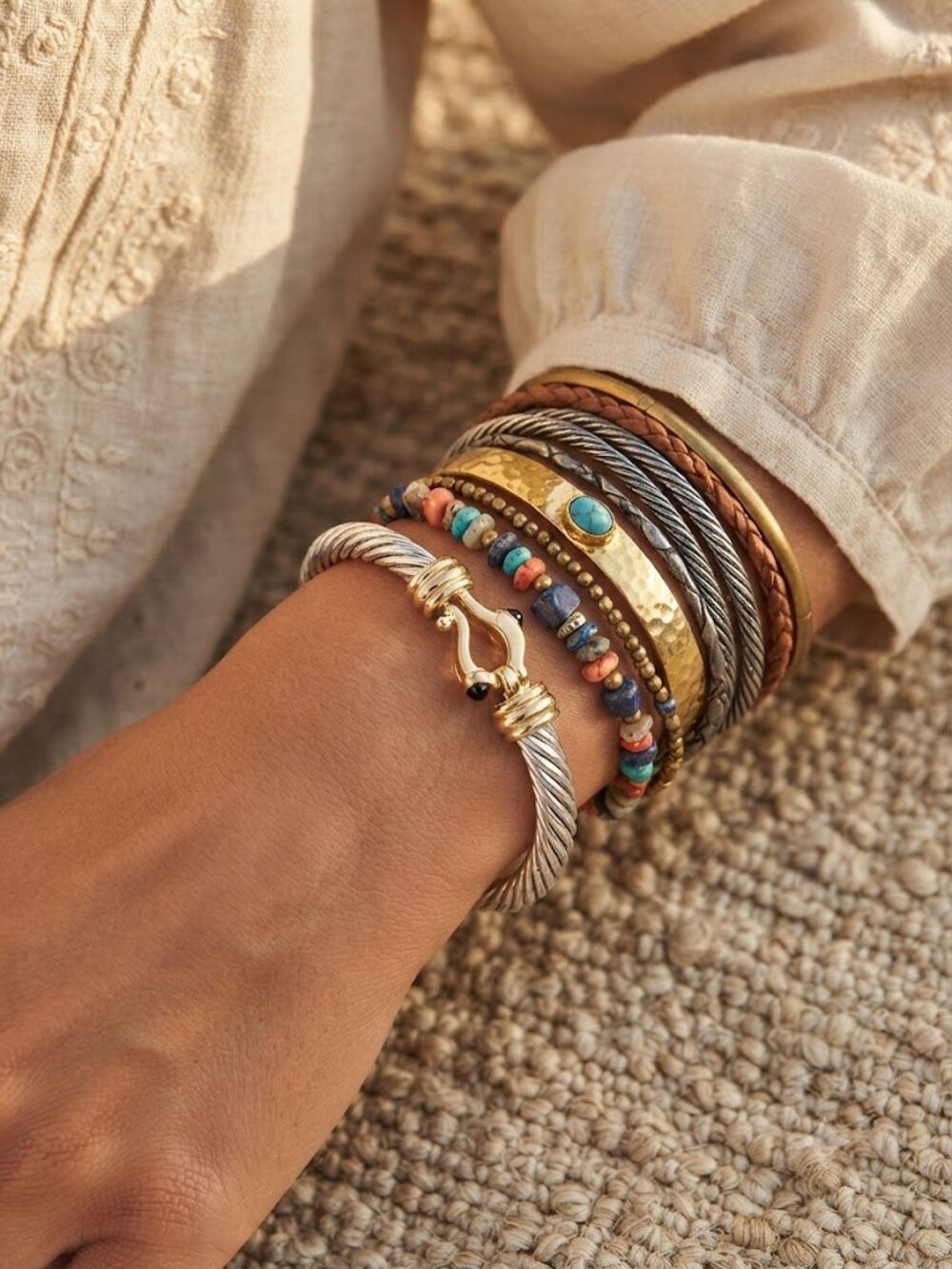 Two-Tone Silver and Gold Rope Cable Bracelet with Black Accent
